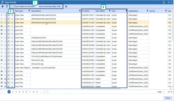 1.Shows Tasks for all Users or Show Running Tasks Only is an option to select how to view tasks by users with a dark blue rectangle box around it. 2. Task Information and Running Task Progress buttons are flat designed icon represented by i con and percentage icon symbols. 3. Dark blue rectangle around the Duration, Task Status, User columns.